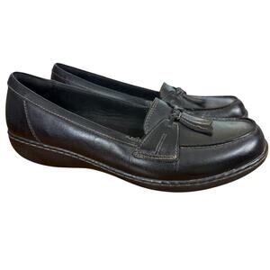 Clarks Ashland Bubble Slip On Black Leather Women Tassel Loafer Comfort Shoes 11